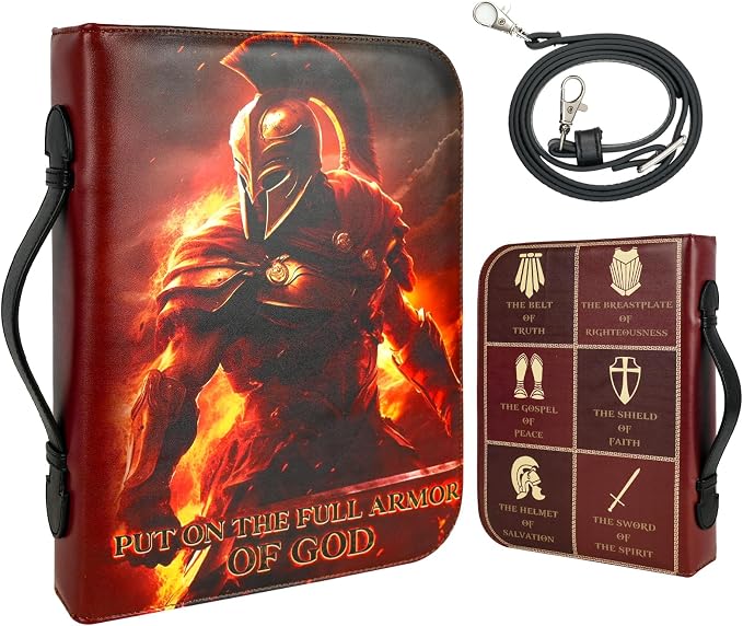 Armor of God Bible Cover Case for Boys Men, Leather Bible Carrying Case Bag with Shoulder Strap and Handle, Faith Warrior Christian Gifts for Men, XL