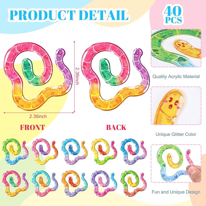 Resurhang 40 Pcs Worm Acrylic Bookmark 10 Design Cute Paperclip Glitter Gummy Worm Funny Bookmark Gift Idea for Reading Book Lover Teacher Student School Classroom Office Library Read Supply (Classic)