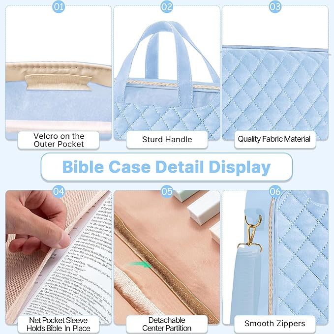 PUGPIU Bible Cover Case for Women, Large Quilted Bible Bag with Shoulder Strap and Handle, Bible Study Supplies Journaling Kit with Highlighters Pens No Bleed Tabs Notebook Cross Clips (Light Blue)