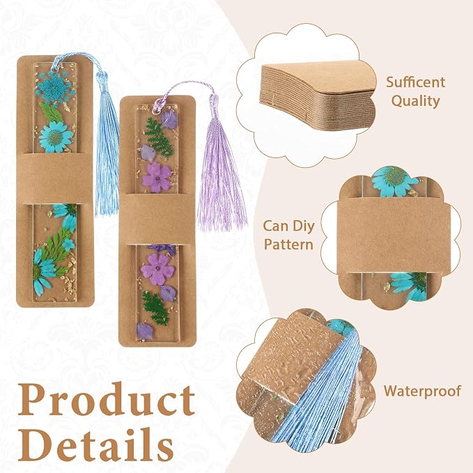 Honoson 200 Set Bookmark Holders Gift Set Kraft Paper Bookmark Sleeves Transparent Self Adhesive Bag DIY Blank Cover Display Cards for Wrapping Small Business Supplies Reading Party Favor