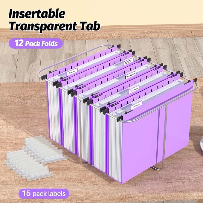 Shutex Extra Capacity Plastic Hanging File Folders,12 Pack Reinforced Hang Folders,Heavy Duty 2 Inch Expansion,Plastic Filing Cabinet Folders,Letter Size,Designed for Bulk Files, Medical Charts,Purple