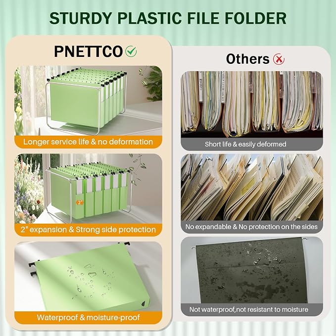 Green Hanging File Folders,12 Pack Green Hanging File Folder Letter Size, Hanging Files Letter Size 2 Inch Expansion, 2‘’ Hanging Filing Folders Organizer Expanding Colored School Classroom