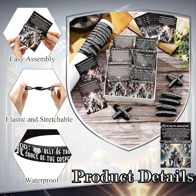 Wavwavw 60 Sets Put on The Full Armor of God Gifts Bulk Christian Pastor Bible Verse Wristband Bracelets Bookmarks Templar Knight Religious Supplies for Sunday School (Black)