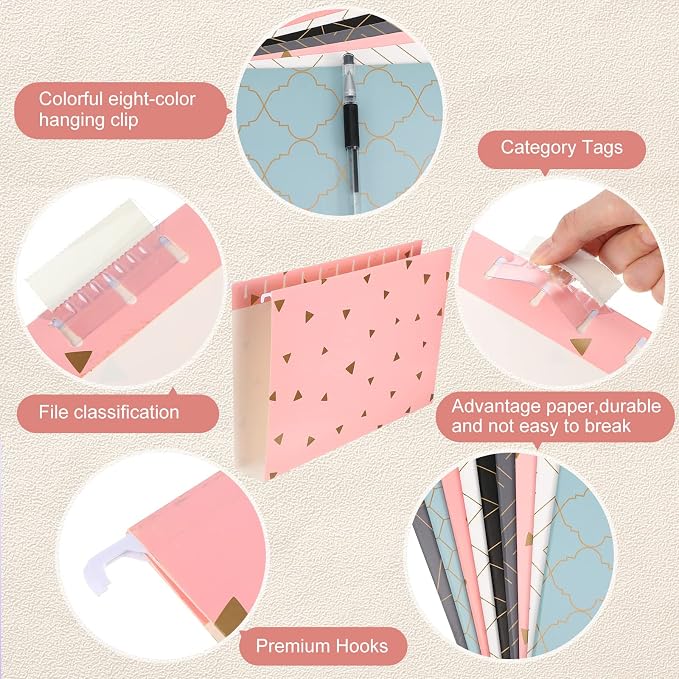 30 Pcs Geometric Hanging File Folders, Including Adjustable Tabs and Inserts, Letter Size Decorative Hanging File Cabinet Inserts Organizer for Desk Office, 5 Colors Gold Foil Designs