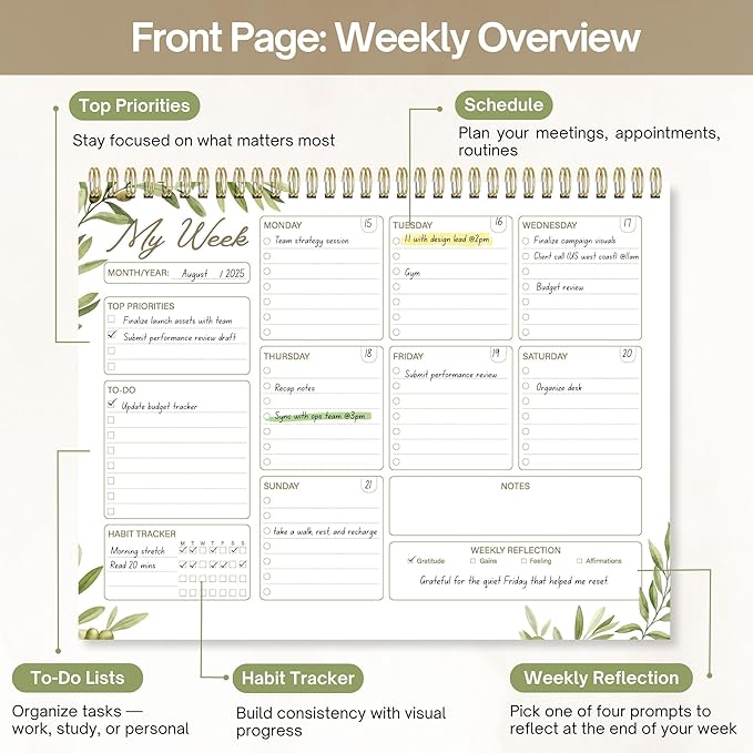 Weekly Planner Notepad 8.5x11 Inches – 52 Weeks Undated Dashboard Desk Pad for To-Do List, Schedule & Notes – Productivity Planner for Work, School, Home & Busy Professionals (Sage Green)