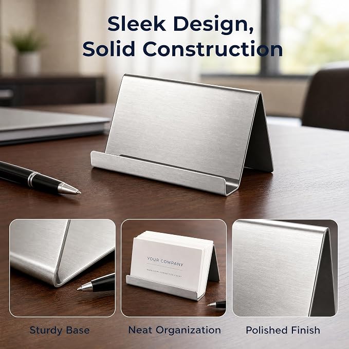 Business Card Holder, Stainless Steel Desktop Display, Metal Organizer Case, For Office Desk, Professional Name Stand, Silver Rack, Men Women Daily Use