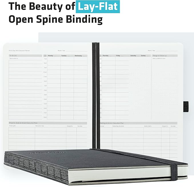 Action Day Undated Weekly, Monthly Planner, Designed to Get WORK Done - To-Do List, Projects List, Meeting Notes & Action Items - Perfect for Office & School, Pocket, Lay-Flat Binding, 7x9, Black