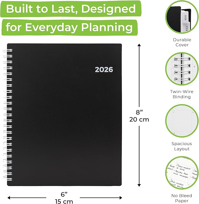 WallDeca 2026 Planner, Agenda Planner With Weekly And Monthly View, Daily Agenda Book And Yearly Planners Calendar Book, Spiral Bound With Tabs, Notes, Goals And Holidays (8 x 6 in)