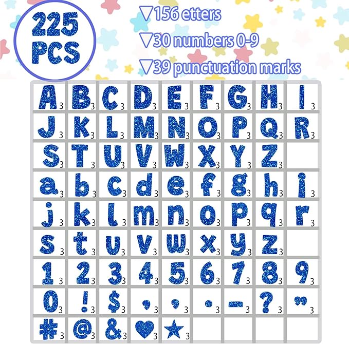 225Pcs Glitter Bulletin Board 4inch Letters with Adhesive Dots Punctuation Symbols Cutout for Classroom Numbers Alphabet School Display Decorating Supplies (Blue)