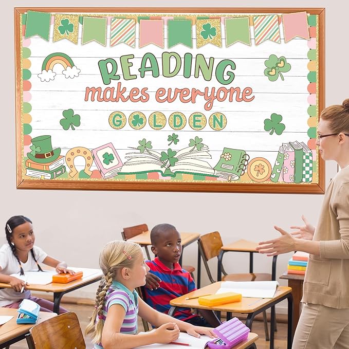 St. Patrick's Day Reading Bulletin Board Motivational Reading Bulletin Board Decor Lucky Shamrock Rainbow Gold Coin Paper Cutouts for St. Patrick Party Supplies Classroom Library Inspirational Decor
