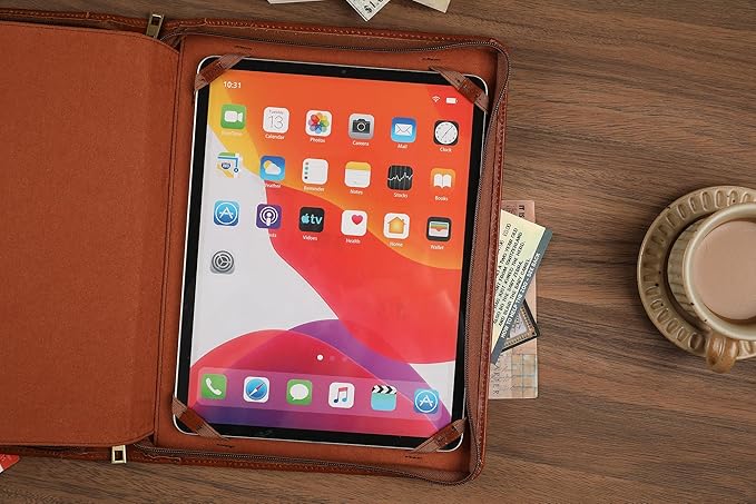 Leather Portfolio for 13 inch iPad Pro M4 (2024), Business Tablet Portfolio for Men, Personalized Padfolio, Engraved Portfolio Folder for A4 Notepad (Oil Brown, Custom)