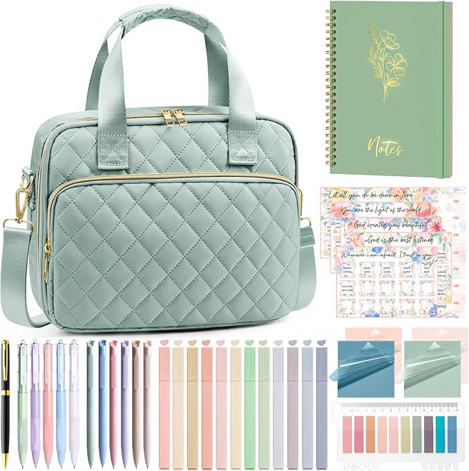 Bible Cover Case for Women, Large Bible Bag Bible Study Supplies Accessories Journaling Kit with Highlighters Tabs, Quilted Book Carrying Cases with Shoulder Strap, Christian Easter Gifts for Women