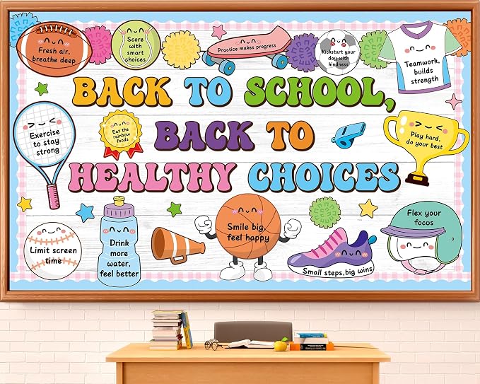 Back to School Bulletin Board Set Healthy Habits Sports Classroom Decoration Motivational Back to Healthy Choices Bulletin Board Cutouts for School Classroom Nurse Office Door Chalkboard Wall Decor