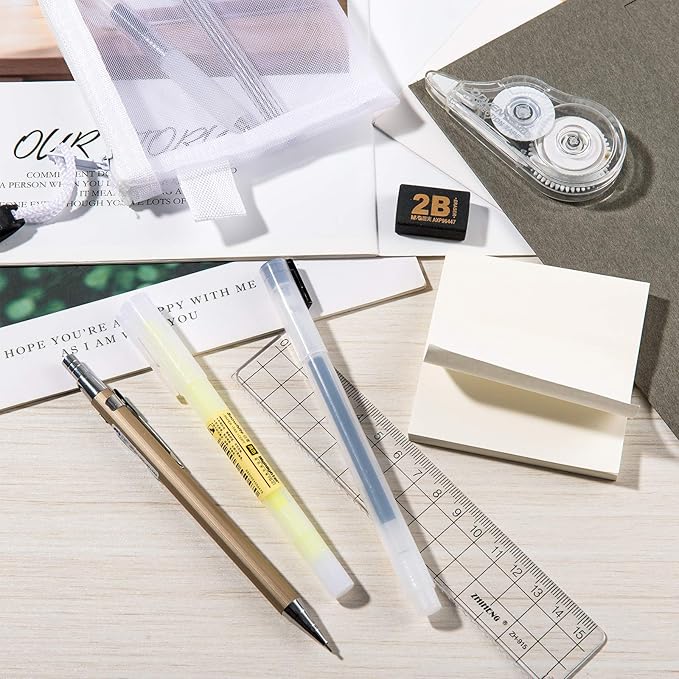Whaline 10Pcs Japanese Style Pen Set Gel Ballpoint Pen Bag Mechanical Pencil Pencil Lead Correction Tape Sticky Note Rubber Ruler Highlighter Pen for Student Back to School Supplies Office Stationary