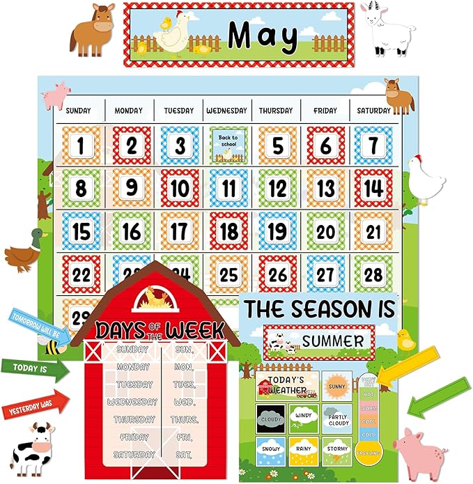 Farm Animal Calendar Bulletin Board Set for Classroom Decoration Farmhouse Calendar Seasons Weather Chart Barnyard Animal CTP Bulletin Board Paper-Cuts for Teachers Elementary School Classroom
