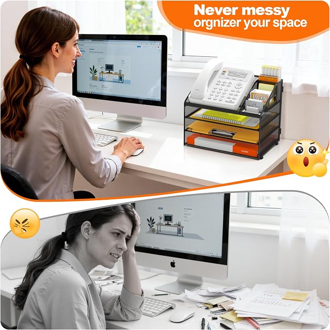 DocNest 4 Tier Metal Mesh Letter Tray - Space Saving Desk File Organizer with Handle, Pen Holder & Folder Holder - Desktop Document Sorter for Office, Home, School, Classroom - Black