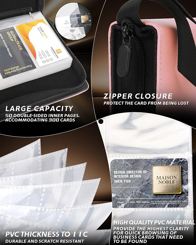 Leather Business Card Book Holder Organizer, Professional Name Card Book Holder with 300 Card Capacity, Portable PU Credit Card Binder File Sleeve Storage for Men Women,50 Pack Sleeves Zipper Closure