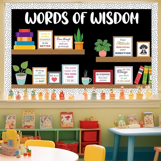 Motivational Bookshelf Bulletin Board Decorations Plant Classroom Colorful Inspirational Quote Paper Cutouts Words of Wisdom Bulletin Board Set for Back to School Chalkboard Wall Decor Supplies