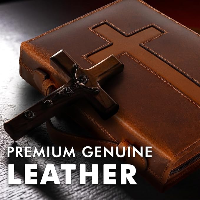 ELIZO Leather Bible Cover Case for Men Women Genuine Leather Bible Bag Holder Cross Large Carrying with Zipper Case Protector Christian Religious Gifts for Mens (Cognac/Tan, Study/Large)