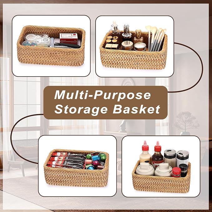 BTSKY Small Remote Basket for Coffee Table Entryway Living Room Rattan Serving Tray 9.6'' x 6.5'' Handwoven Wicker Baskets Decorative Tray for Wallet Remote Control Trinkets Rings Cosmetics Crackers