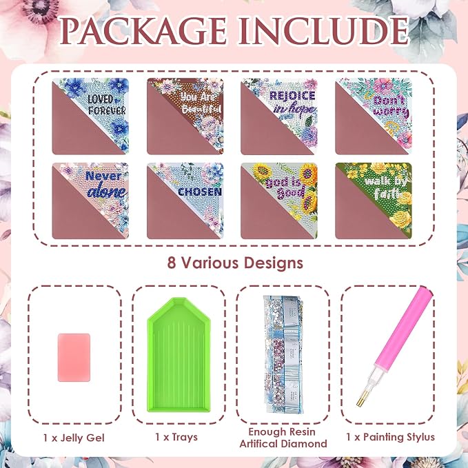 Christian Diamond Painting Bookmarks - 8 Pcs Bible Verse Triangle Diamond Art Corner Bookmarks Kits Inspirational Flower Religious DIY Bookmarks for Reading Lover Beginner Adults Crafts Kit Gift