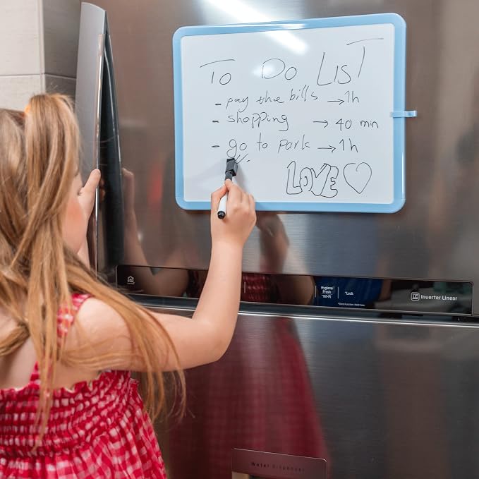Mr. Pen- Dry Erase Board, 14” x 11” with a Black Dry Erase Marker, Blue Frame, Small Mini White Board for Students, Fridge, Wall, Locker, Includes Double Sided Tapes
