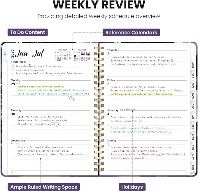 Planner 2026–2027, Academic Planner Weekly and Monthly Calendar Jul 2026 – Jun 2027 Hardcover Planner with Tabs and Pocket, Spiral Bound Agenda Book for Student & Teacher, 6.3" x 8.5", Twilight Path