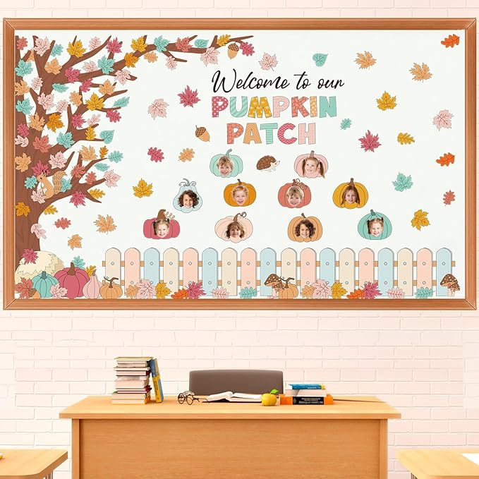 Pasimy Fall Bulletin Board Decorations Set Pumpkin Classroom Door Decor Autumn Maple Cutouts DIY Pumpkin Photo Crafts Thanksgiving Bulletin Board for Halloween Home Office Wall Supplies(Cartoon)