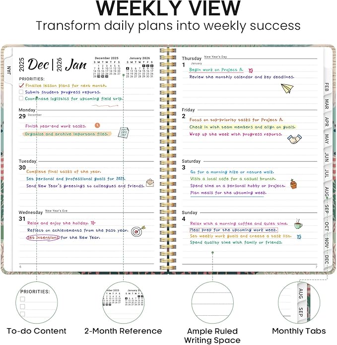 2026 Planner, Weekly and Monthly Calendar Planner Book, January 2026 - December 2026, Hardcover Spiral Planner with Monthly Tabs, Notes Pages, Perfect for Women & Men, A4 (8.5" x 11") - Patchwork