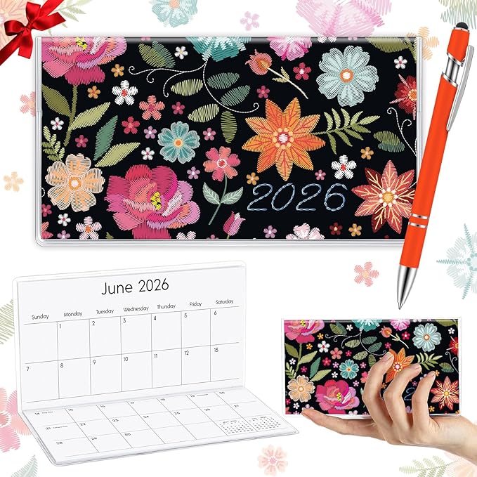 Gueevin 2026 Pocket Calendar for Purse with Pen Small Pocket Planner Handy Weekly Monthly Planner Journal Writing Notebook Valentine New Year Gift Sister Friend Women(Embroidery Floral,Orange Red)
