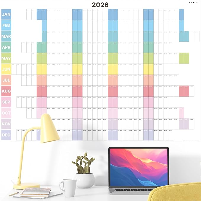 PACKLIST® 2026 Yearly Wall Calendar Large Planner - 33 x 24 Inches Full Year Poster with Vertical Weekly Columns | Giant Academic, Home & Office Wall Organizer