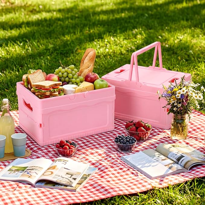 2 Pcs Pastel Plastic Collapsible Storage Crates with Lids and Handle Collapsible Picnic Basket Stackable Storage Bins Cute Foldable Container for Home Kitchen Office Bathroom(Pink)