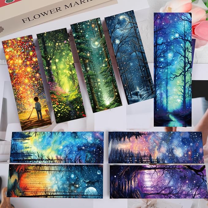 Fantasy Starry Night Forest Bookmarks - Cosmisun 100 Pcs Starry Night Sky Bookmark Paper Moon Space Book Marks Page Marker Clip Gifts for Women Men Boys Book Lovers Students Teachers Bookish Reading