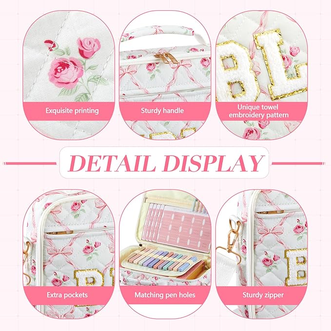 Sinload Quilted Bible Cover Case for Women 12 x 9 x 2.5 Inch Bible Chenille Letter Bag with Shoulder Strap Carrying Tabs 6 Colored Pens 12 Highlighters Christian Church Study Gifts(Pink,Bow Floral)