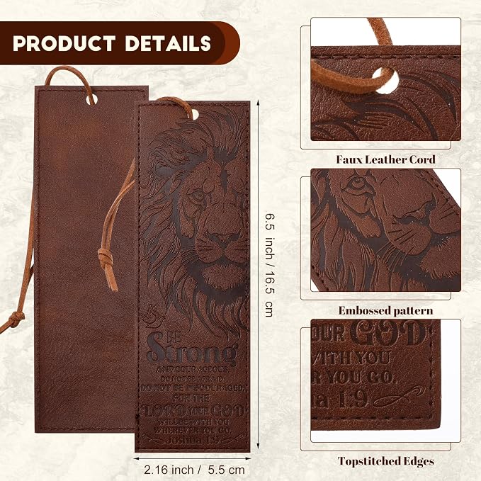 Glenmal 6 Pcs Leather Bible Verse Bookmark for Men Christian Religious Scripture Bookmarks Strong and Courageous Lion Book Marks with Inspirational Verse Christmas Father's Day Church Gifts for Men