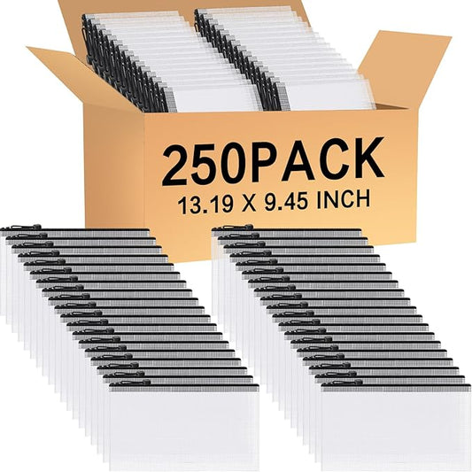 Zhehao 250 Pcs Mesh Zipper Pouch Bags Bulk A4 13.19 x 9.45 Inch Zipper Pouch Waterproof Clear Pencil File Storage Bags Organizer for Teacher School Organization Supplies(Black)