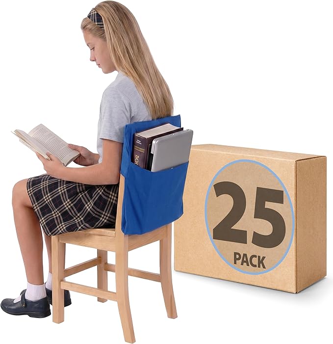 Seat Sack Student Chair Storage Pocket - 17", Single Pocket, Classroom Chair Organizer for Student Desks, Durable Over-the-Chair Storage, Blue, 25-Pack