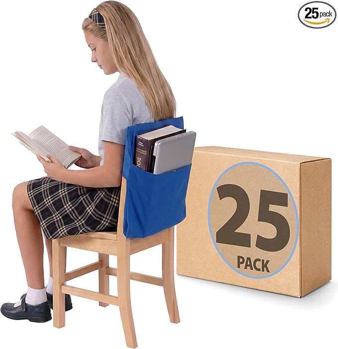 Seat Sack Student Chair Storage Pocket - 17", Single Pocket, Classroom Chair Organizer for Student Desks, Durable Over-the-Chair Storage, Blue, 25-Pack