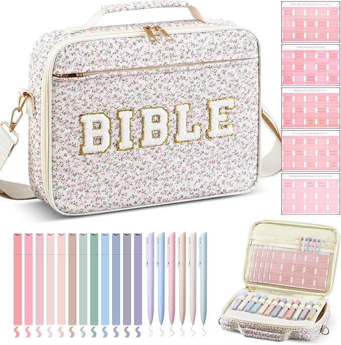 Sinload Quilted Bible Cover Case for Women 12 x 9 x 2.5 Inch Bible Chenille Letter Bag with Shoulder Strap Carrying Tabs 6 Colored Pens 12 Highlighters Christian Church Study Gifts(Pink,Floral,)