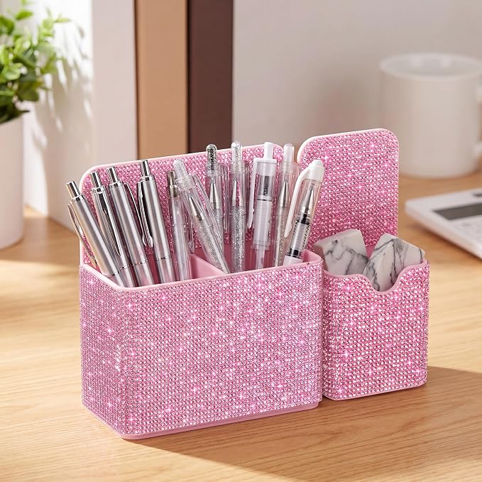 MotiMind 2 Pcs Pink Bling Magnetic Marker Holder Women Girl Locker Accessories Marker Pen Pencil Holder for Refrigerator Whiteboard Sparkly Gift Desk Organizer for School Office (Rhinestone)