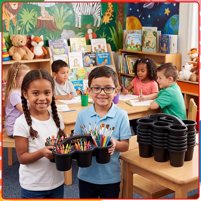 12 Pack Classroom Caddy Organizer with Handle Plastic Cup Caddy 6 Compartment Organizer School Storage Supplies for Table Crayon Pencil Cup Marker Craft School Home Office(Black)