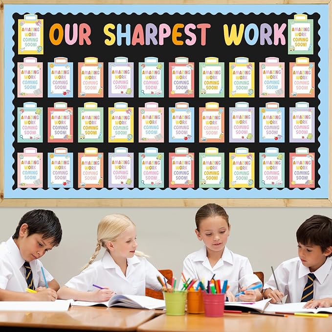 Wiooffen 154 Pcs Student Work Display Bulletin Board Set Bulletin Board Cutouts with Clips Names Display Inspirational Student Work Classroom Wall Decor for Teacher Back to School Supplies Boho