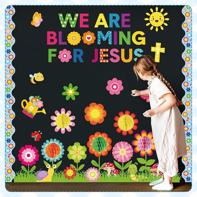 Pajean Spring Christian Bulletin Board Sets Classroom Decor, We are Blooming for Jesus Religious Cutouts 3D Flower Honeycomb Cross Borders, Sunday School Church Wall Door Decoration Office Supplies