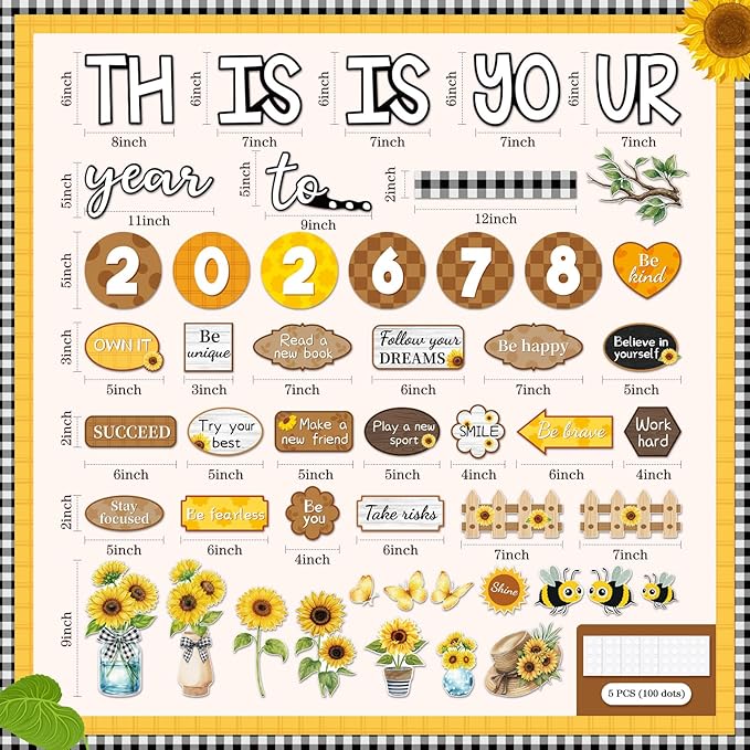 Eaasty Sunflower This is Your Year to Bulletin Board Set Flower Fence Bee Cutouts Motivational Welcome Back to School Classroom Decor for School Office Chalkboard Door Wall Decor Supply