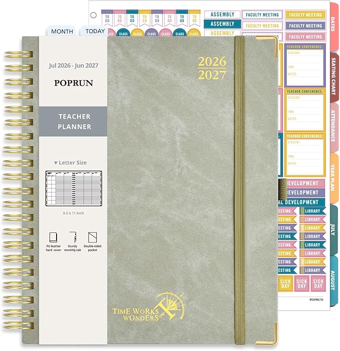 POPRUN Teacher Planner 2026-2027 Academic Year, Large Size 8.5"x 11", Monthly and Weekly Calendar, July 2026 - June 2027, Plan book with Hardcover, Spiral Bound, School Supplies for Classroom - Olive Green