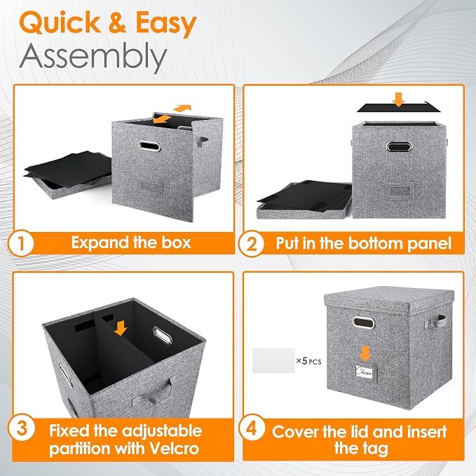 Vinyl Record Storage Box for 50+ Single LPs (12-Inch), Stackable Albums Linen Crate with Lid, Collapsible Play Music Collection Holder, Document File Folder Cabinet Organizer Case with Handle