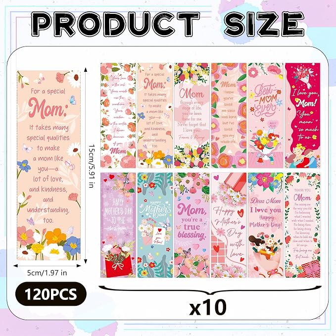 120 Pcs Mothers Day Bookmarks Gift, Christian Bible Verses Paper Bulk Bookmark Gift for Mama, Best Mom Ever Religion Inspirational Scripture Paper Book Mark Gift for Women Mom Reading Lover