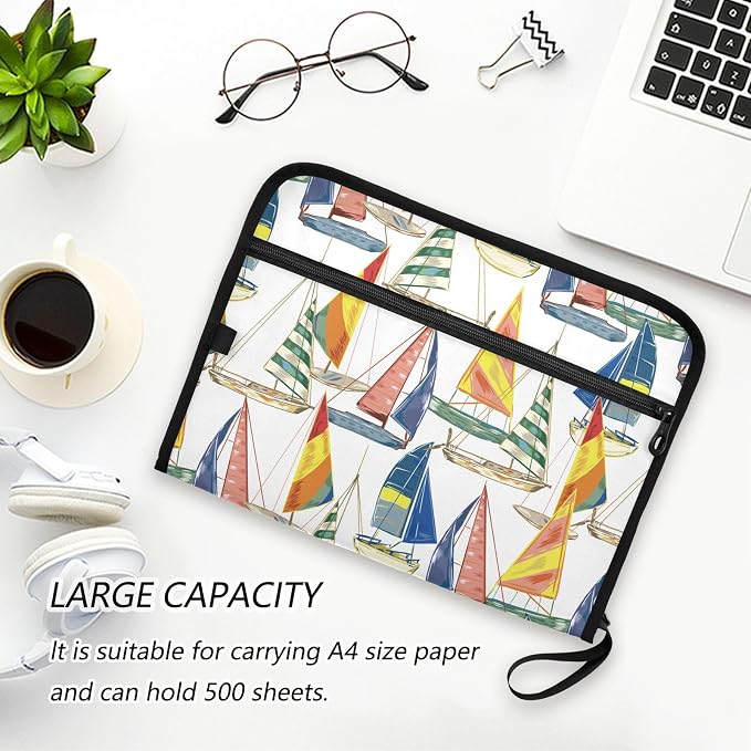 Marine Nautical Sail Boat File Folders,Plastic Folders with 13 Pockets,Expandable File Folder for Documents School Students Office,Aesthetic Folder with Labels A4 Letter Size
