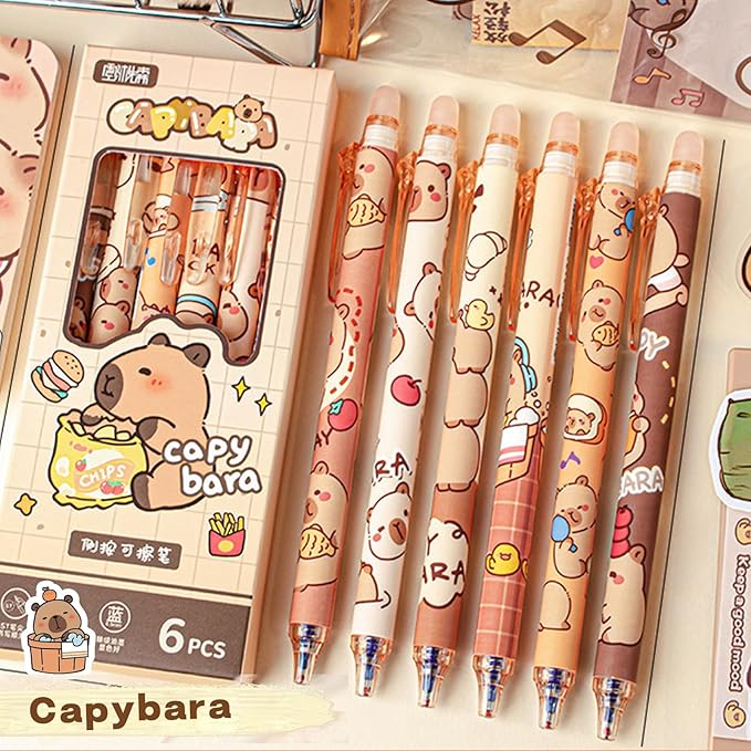 Rexinc 6PCs Capybara Mechanical Erasable Gel Pens, Cute Animal Cartoon Capibara Back to School Supplies, 0.5mm Blue Ink Kapibara Pens Office Kids Students Girls Boys Party Birthday Favors