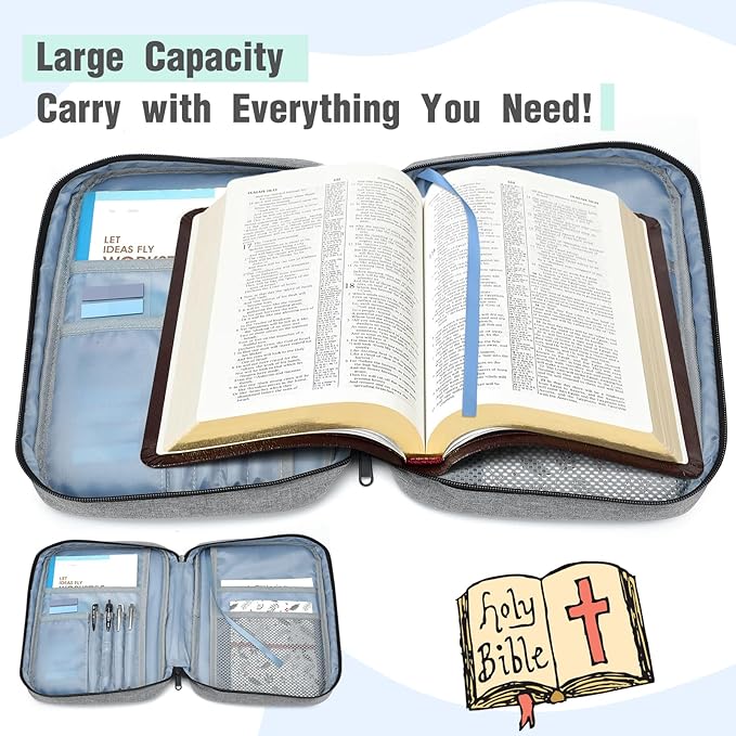 Bible Cover, Carrying Bible Case Book Cover Church Bag with Handle Large Size 10 * 7.5 * 2.5in, Bible Protective Case w/ 200 PCs Bible Tabs for Men Women, Gray